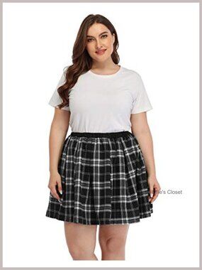 Plus Size Plaid Pleated Mini Skater Skirt Elastic Waist Cosplay Costume